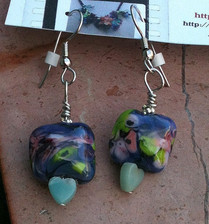 Lampwork earrings with aventurine hearts CGGE SRA