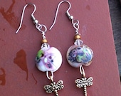 Lampwork earrings with a Victorian look and dragon fly SRA