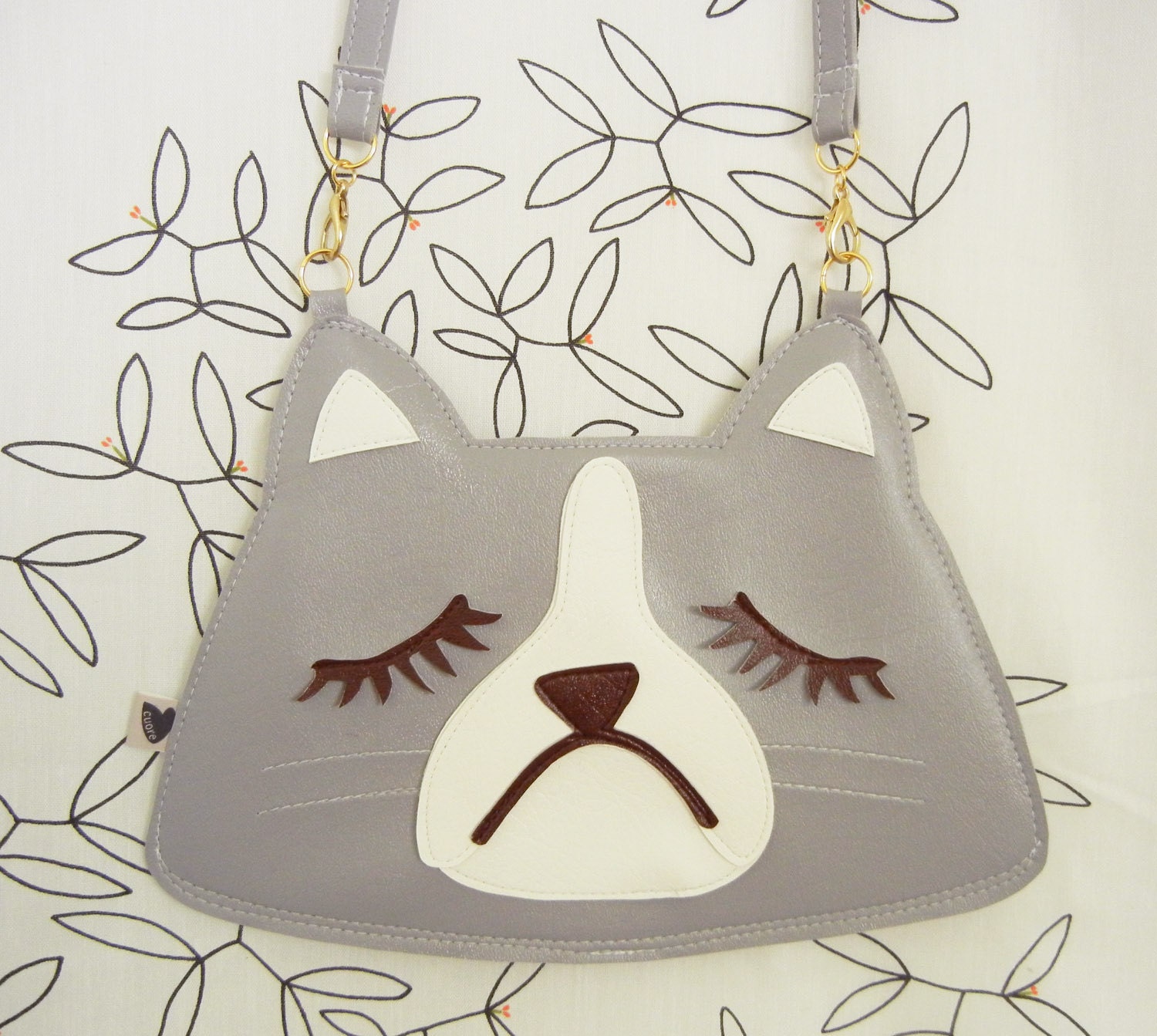 Large Maron the Grey Grumpy Cat Cute Vintage Inspired Vinyl Side Strap Clutch Zipper Purse Bag