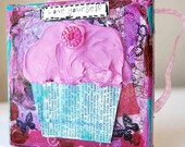 inspirational art Cupcake ART Pink mixed media original canvas art 4x4" wall hanging collage aqua blue art blue Love Yourself Gift for her