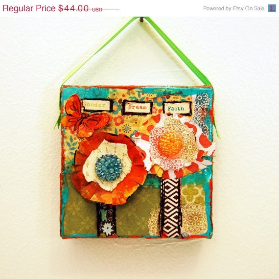 flower canvas art 4x4" mixed media original art colorful bright aqua orange green wall hanging inspirational quote Gift for her butterfly