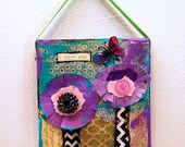 purple art I love you, flower floral art, canvas art 4x4" mixed media original art bright aqua green pink wall hanging Gift for her