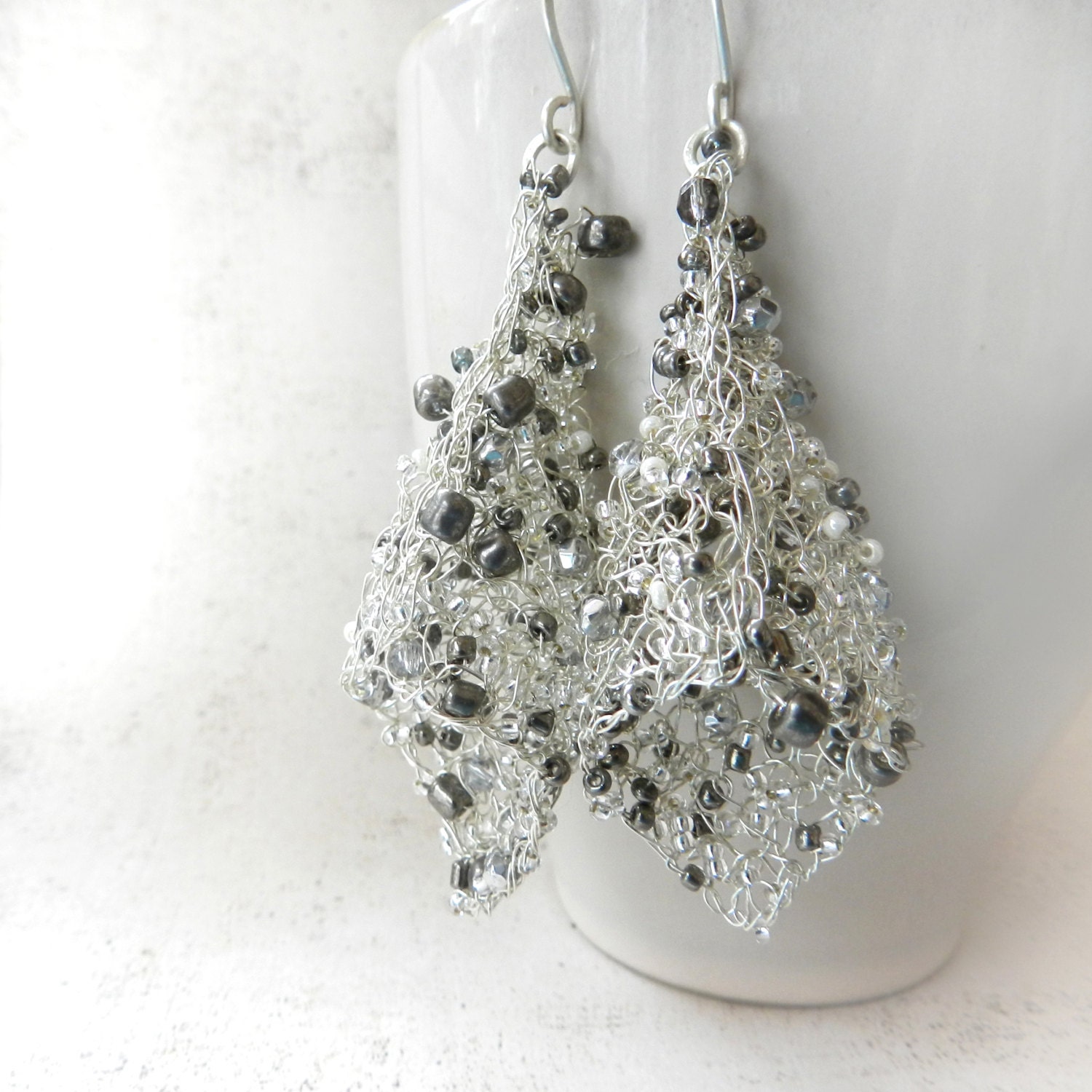 Wire Earrings, Silver Beaded Earring, Sterling Silver Earrings, Wire Crochet Jewelry, Silver Earrings, Fairy Jewelry
