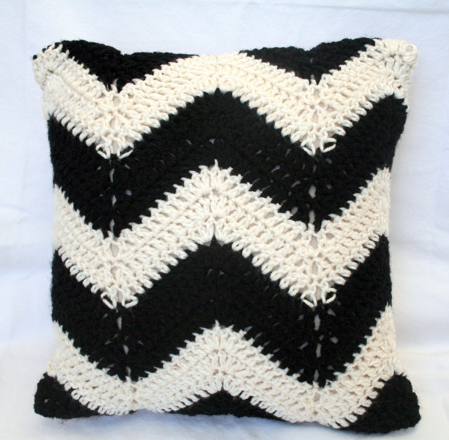 Crochet Pillow in Black and White Chevron Stripe, 14" x 14"
