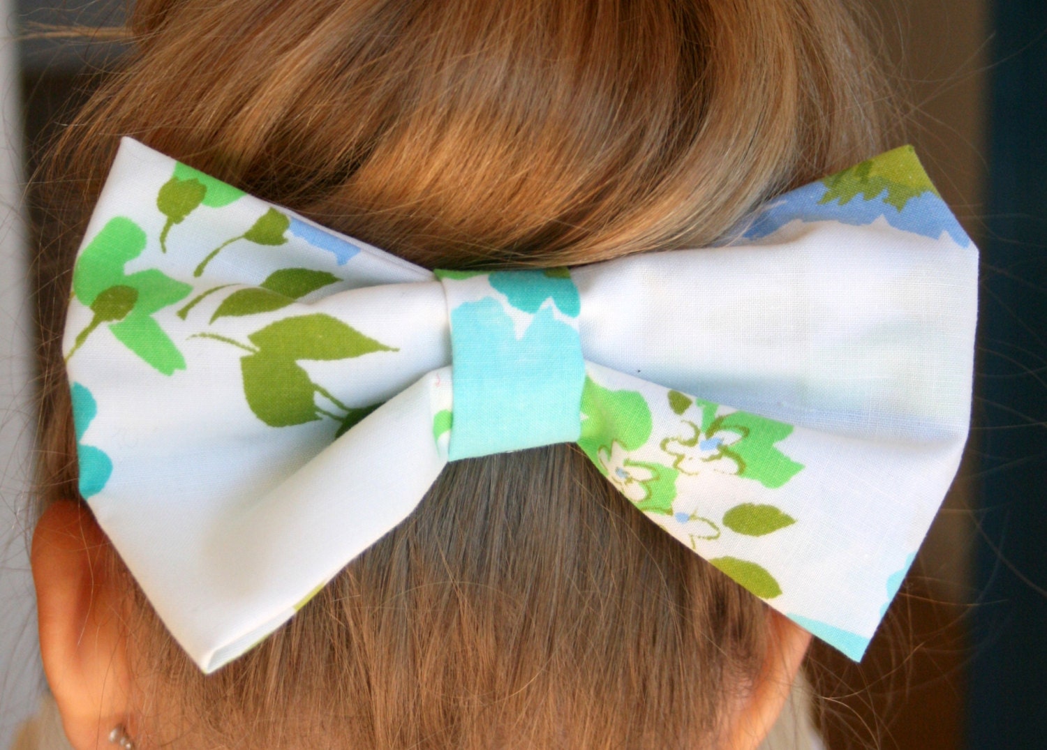 Big Hair Bow, Retro Aqua Blue Floral, Hair Clip