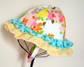 Toddler Girl Sunhat with Ruffles, Retro Colorful Floral, Aqua Polka Dots, Yellow Stripes, Eco- Friendly