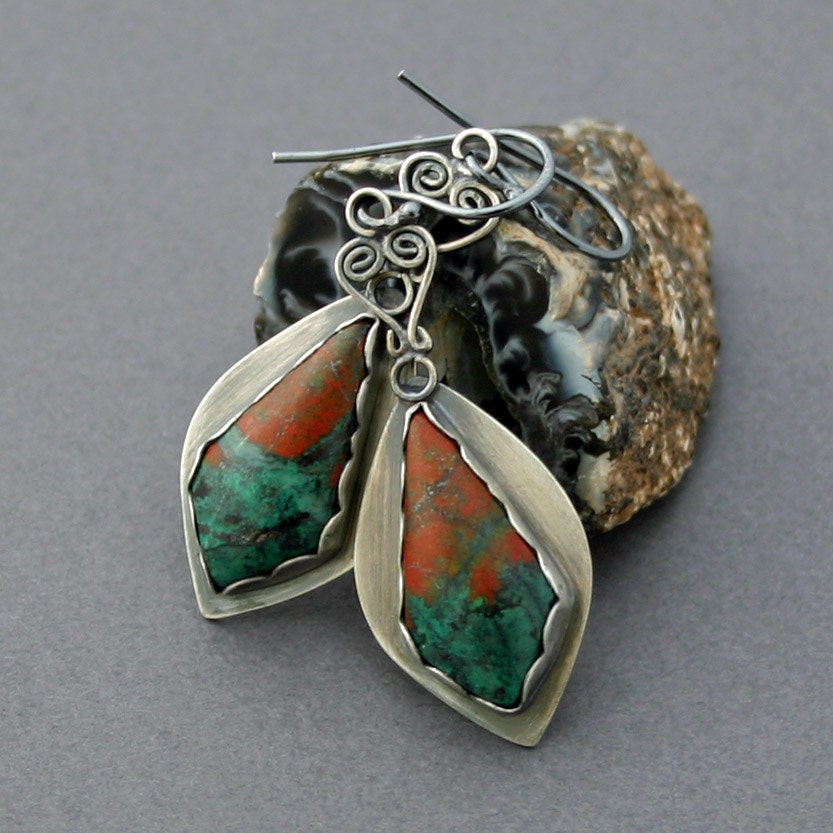 Sonoran Sunset Chrysocolla Earrings Silver Metalwork Jewelry