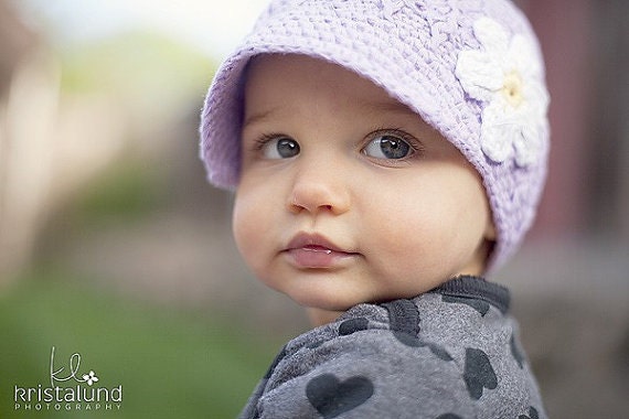 Baby Girl Hat, Crochet Baby Hat, Crochet Visor Beanie Hat, Lavender and White, MADE TO ORDER