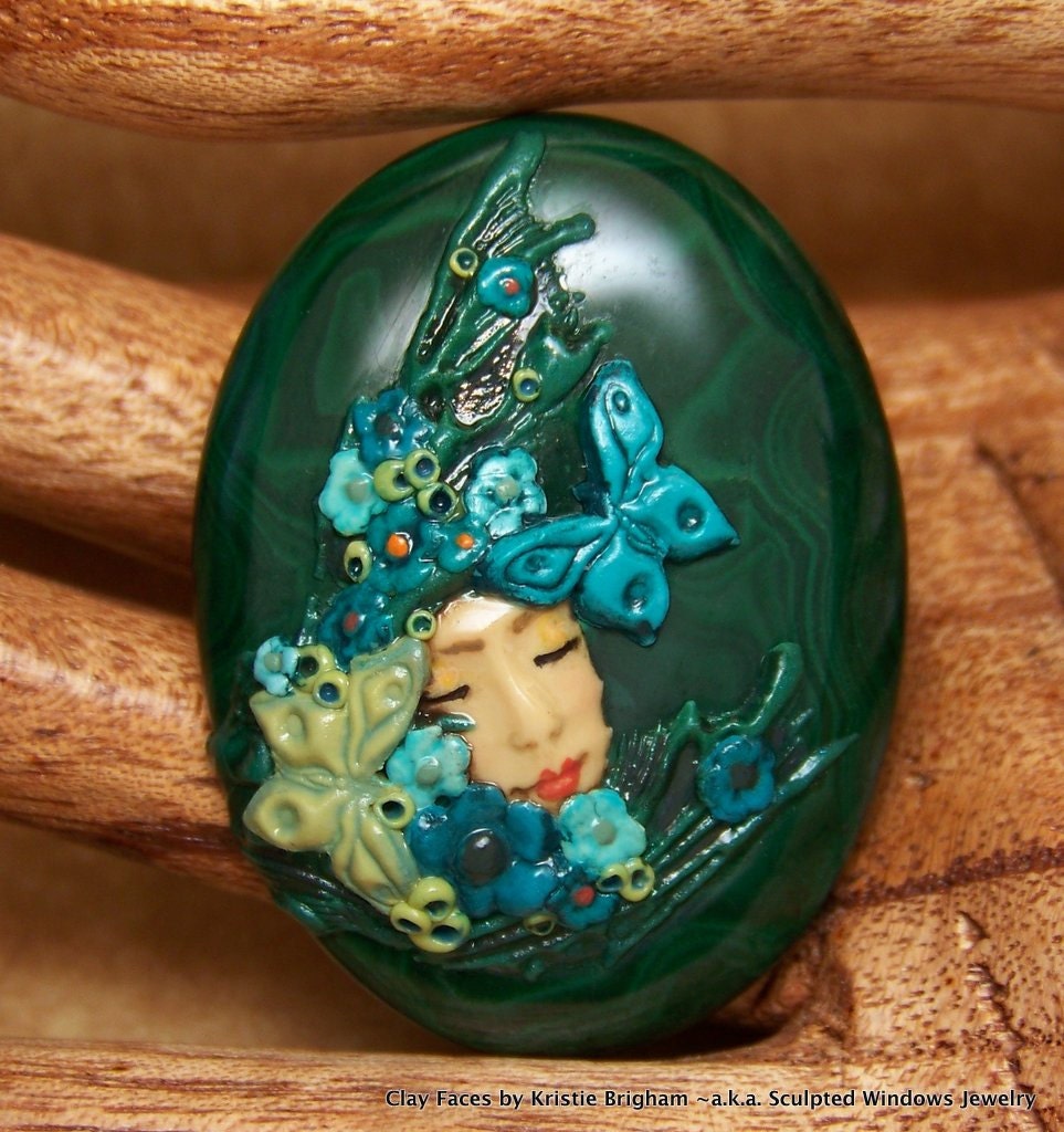 Butterflies and Flowers Fairy on Green Malachite Lady Face Cab Cabochon Polymer Clay and Stone