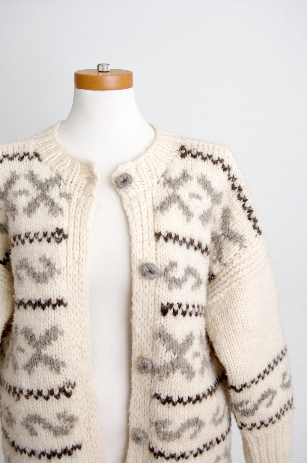 vintage ski sweater / handmade nordic cardigan / chunky wool / cozy hand knit / cream gray chocolate brown / ooak