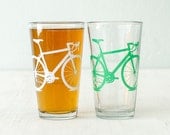 Spring day bike glass set - 2 screen printed bike pint glasses, white and green