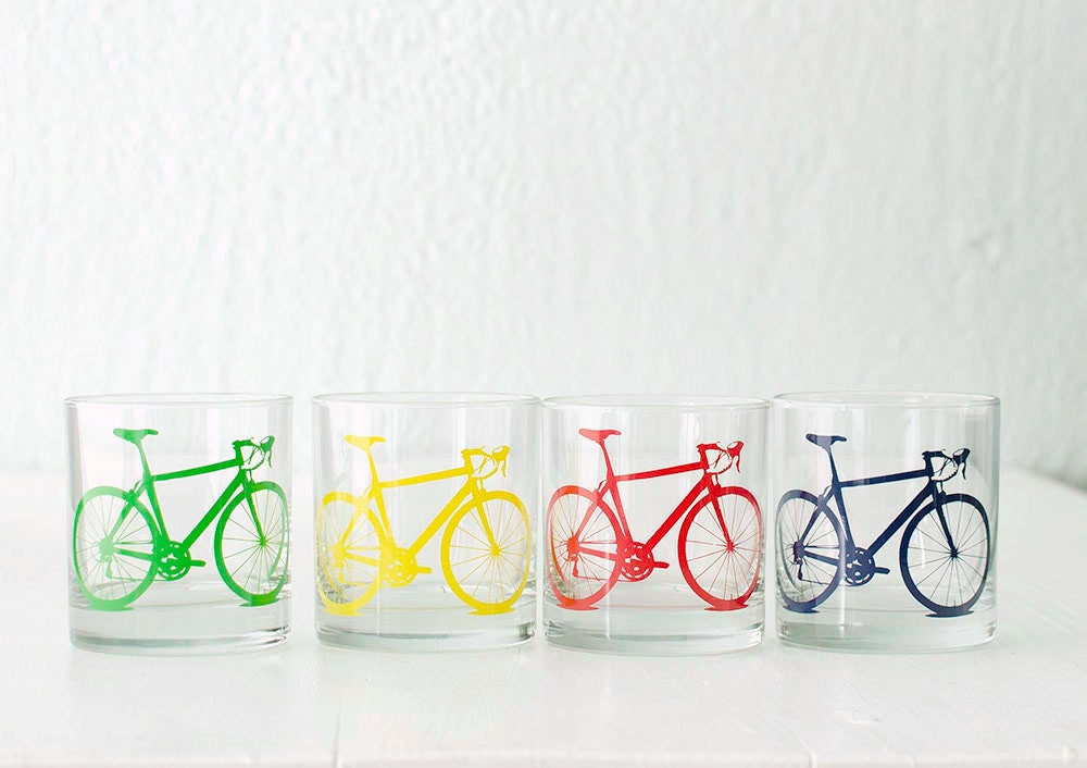 ROCKS BIKE PARTY - screen printed bicycle rocks glasses, set of 4