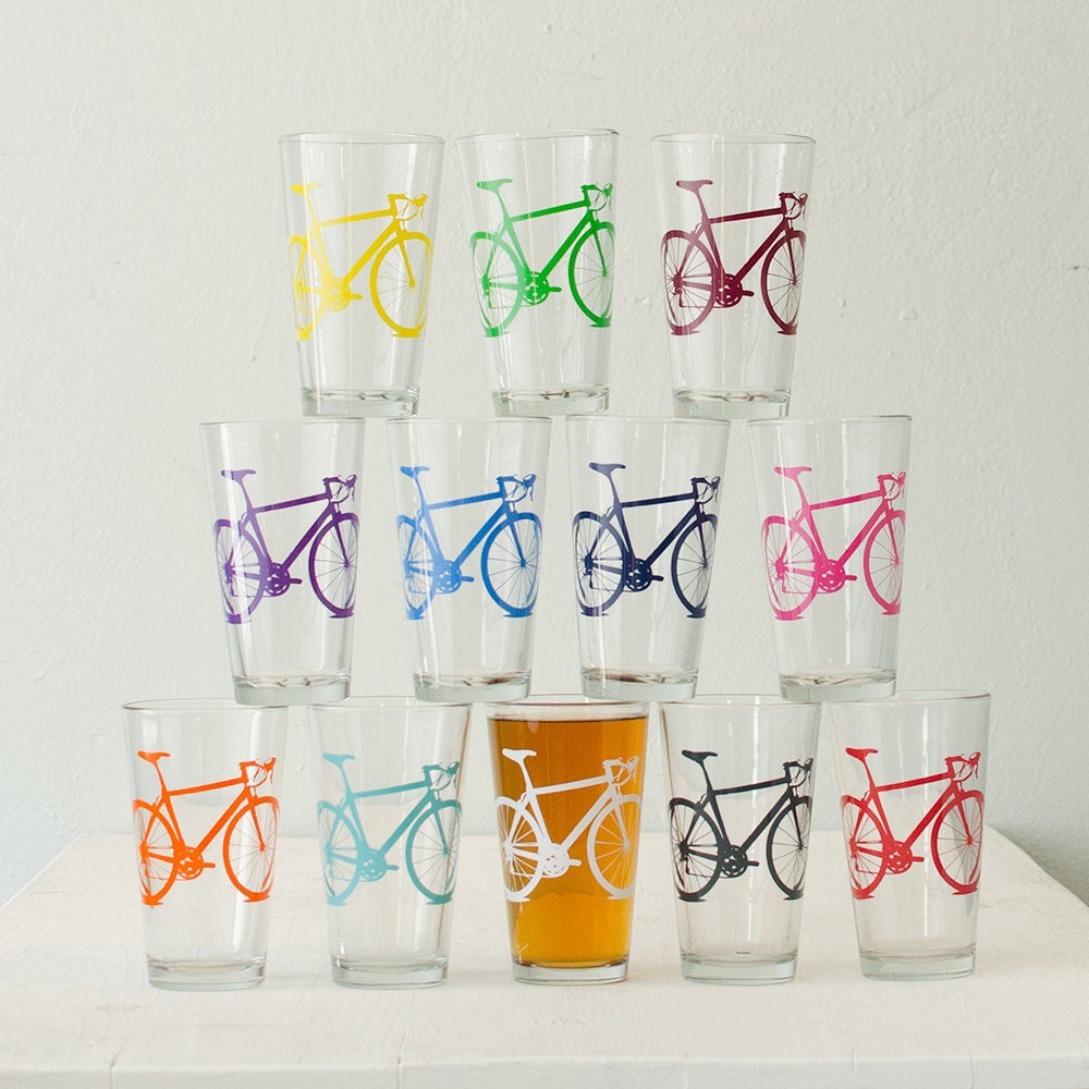 MEGA CRAZY SUPER Bike Party - screen printed bicycle pint glasses, set of 12