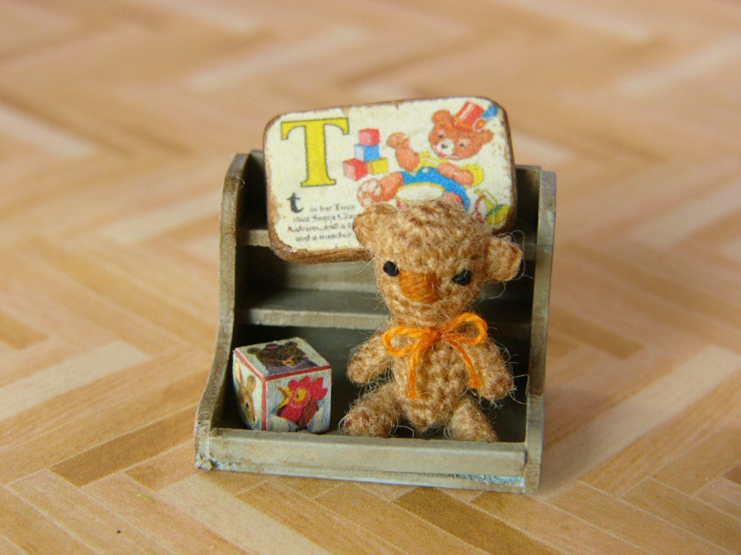 Muffa's - Miniature Crochet Primitive Folk Art Bear and a Toy Shelf