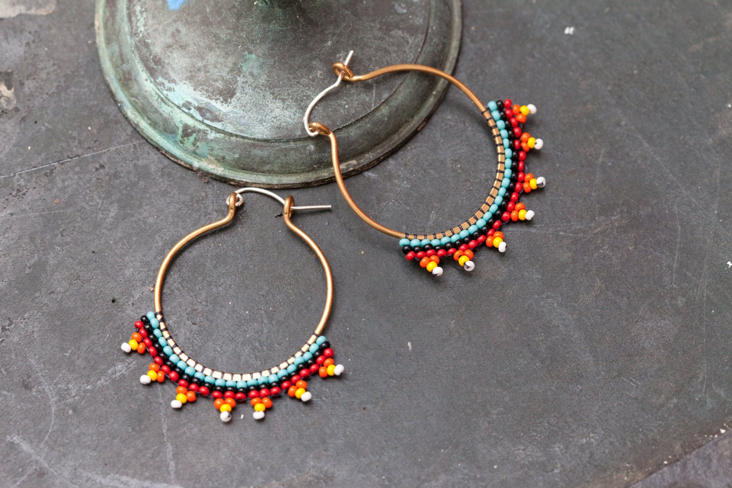 SALE   beaded bronze hoop earrings