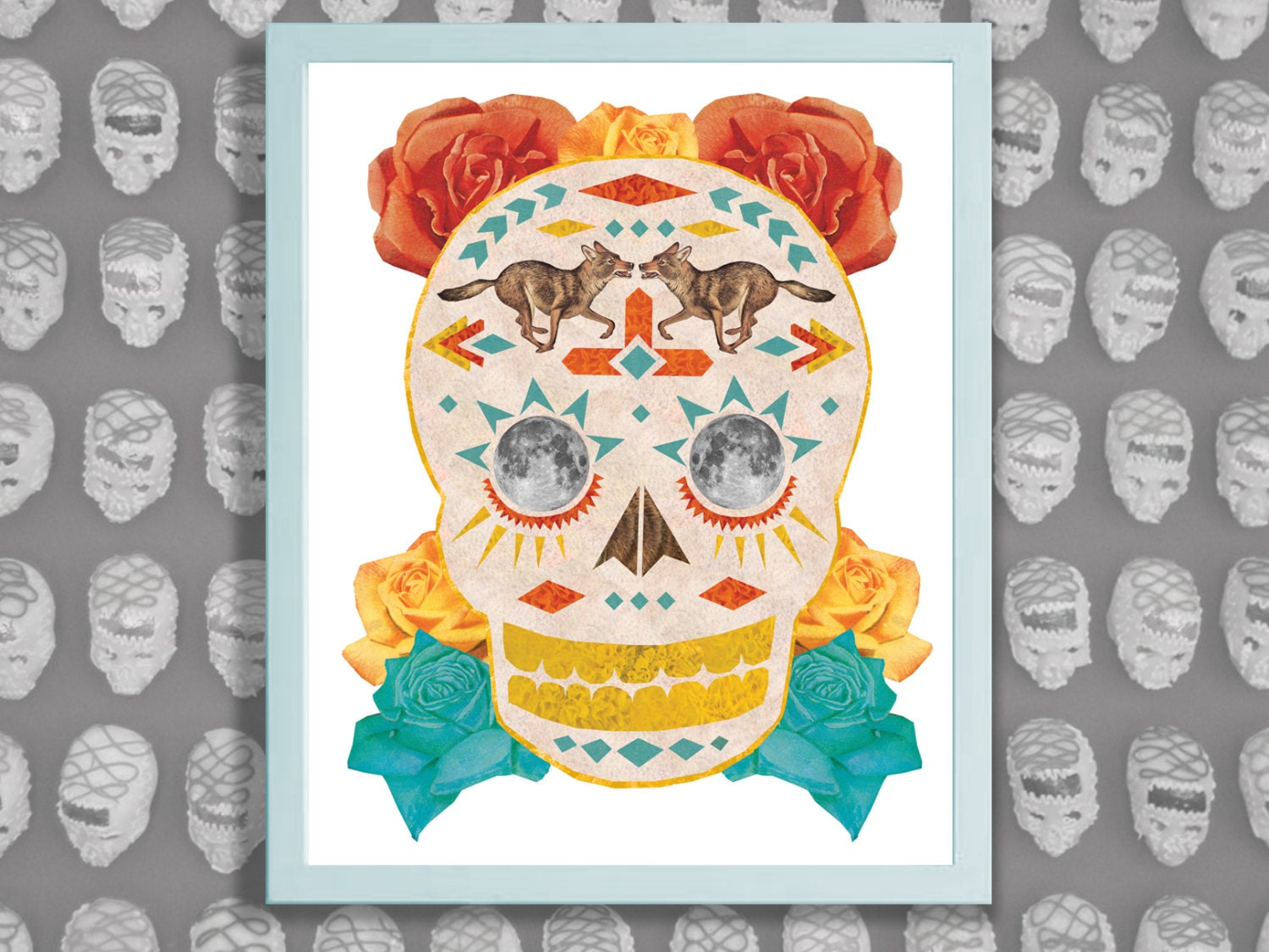 Dia De Los Muertos Tribal Wolf Skull print of an original collage for  Day of the Dead