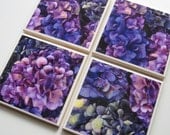 Hydrangeas Earth Coasters - Set of Four - Summer, flowers, blue purple, beverage, ceramic, garden, nature, entertaining, hostess gift