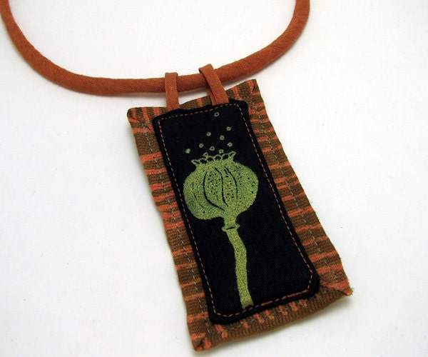 Poppy Flower fiber art soft jewelry necklace - dyed,screenprinted linen, hemp silk cord