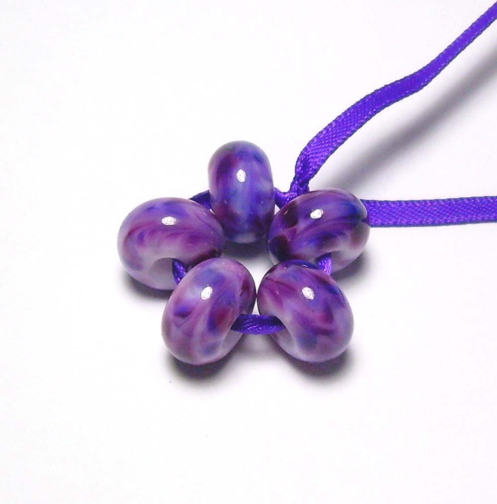 Handmade Lampwork Glass Beads in Violet and Lavender on White set of 5 - Wild Purple Swirls