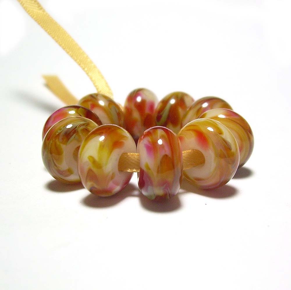 Handmade Lampwork Glass Spacer Rondelle Beads in Shades of Amber and Ruby Swirls set of 10 - Color Me Wild