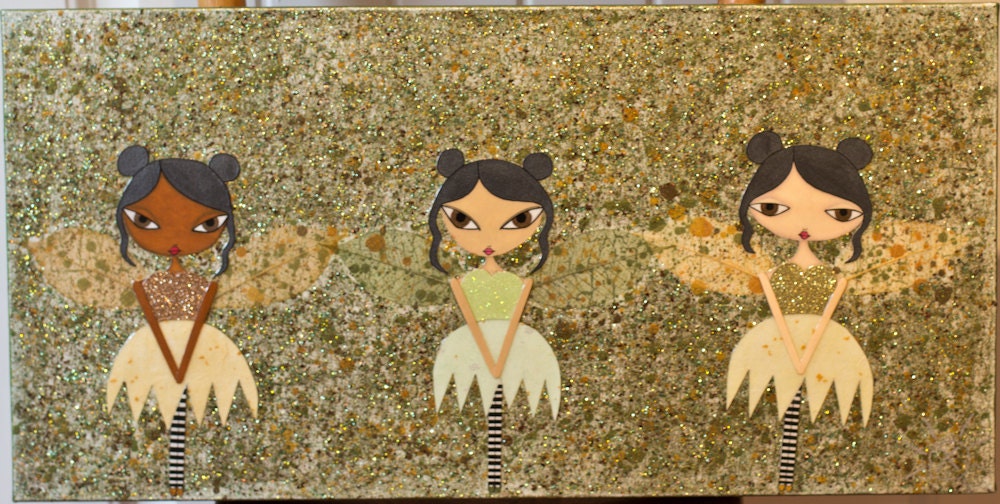 12 x 24 Inch Mixed Media Original Painting - Three Fairies