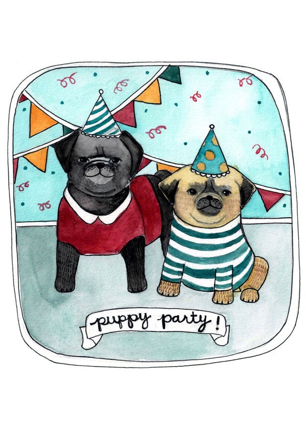 Puppy Party / Happy Birthday Card / Celebration Card / Pugs