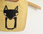fox baby bib, handmade with organic flannel and mustard polka-dot cotton.