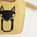 fox baby bib, handmade with organic flannel and mustard polka-dot cotton.