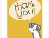 Thank you cards pale pink or yellow with hand drawn type and cute gray cat