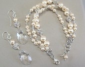 Silver and Cream Pearls Bracelet and Earring Set, Swarovski Rhinestone Jewelry