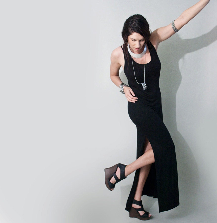 Maxi Dress Leg Slits, Black, XS small medium large XL Choose Size Custom USA Jersey knit