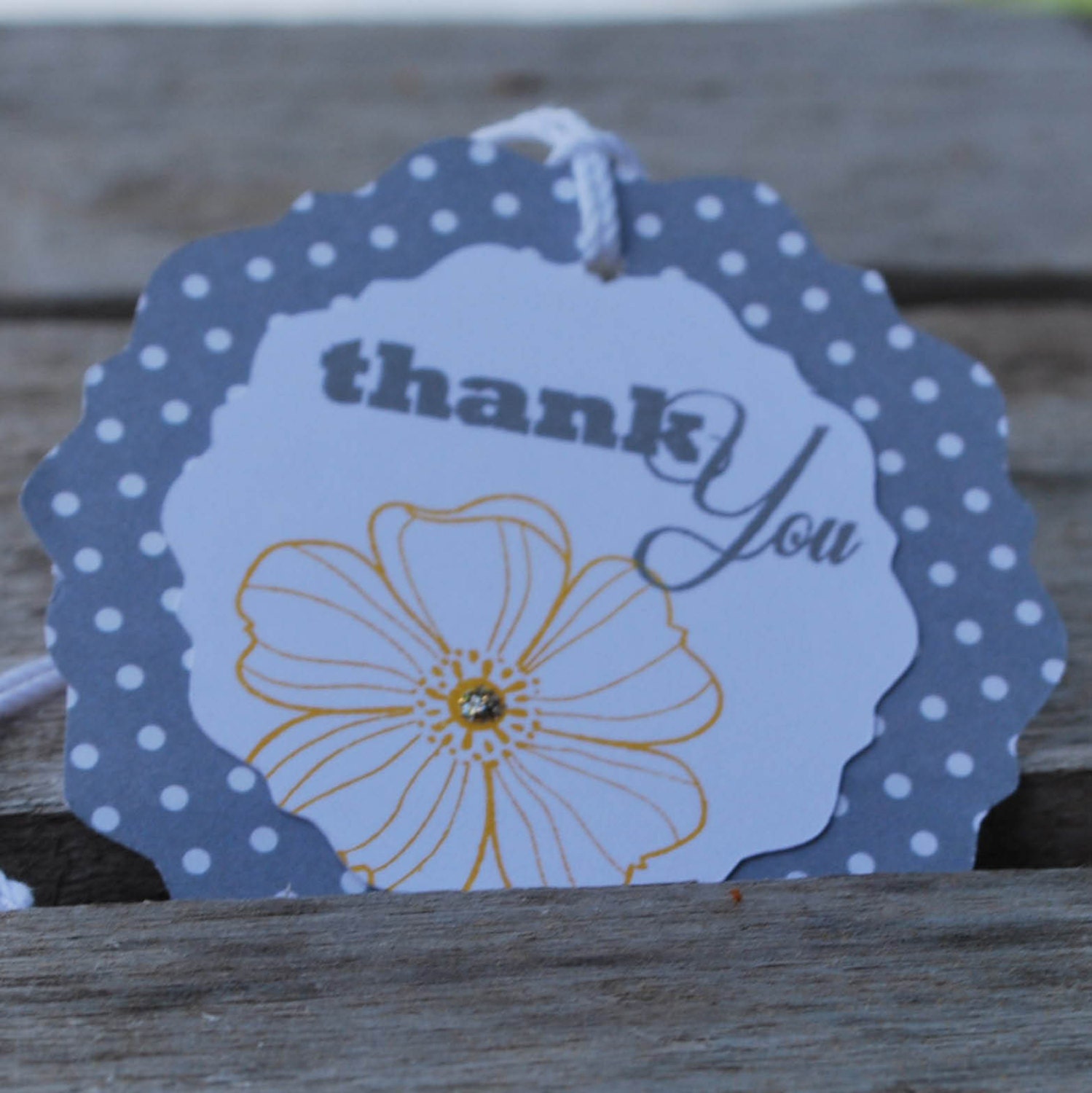 Thank you...set of 6 tags in yellow, gray dots/floral on a scalloped tag