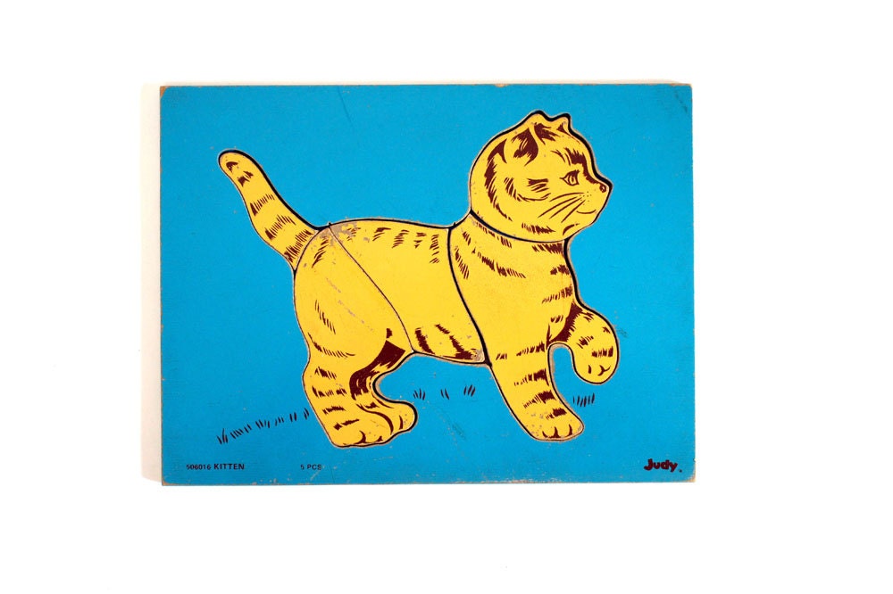 Vintage Wood Cat Puzzle // Judy // Orange Tabby on Blue