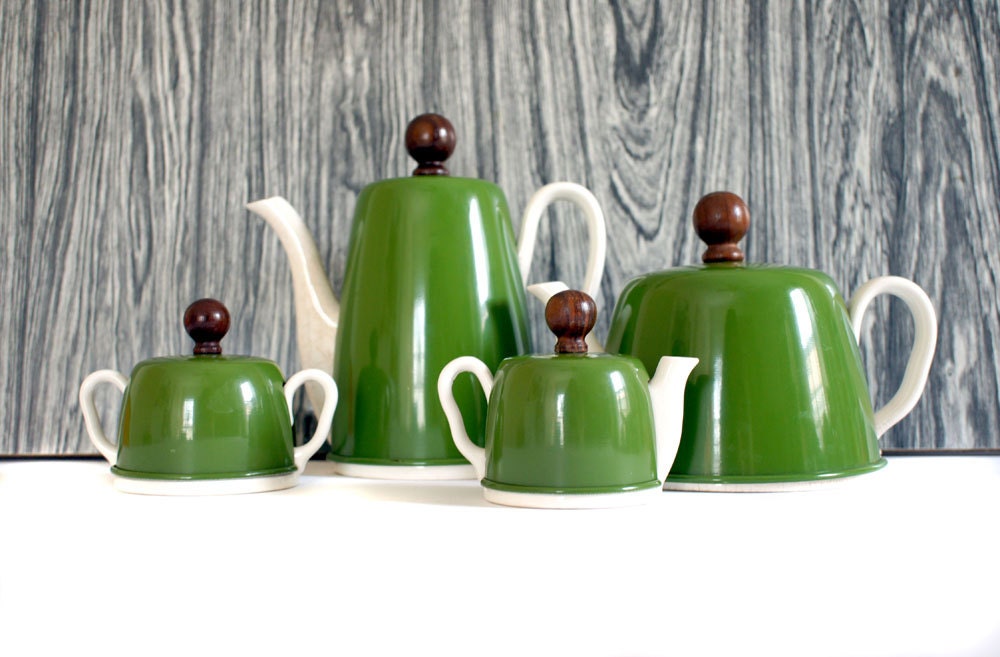 Mid Century Tea & Coffee Set with Green Insulators - RankandFileVintage