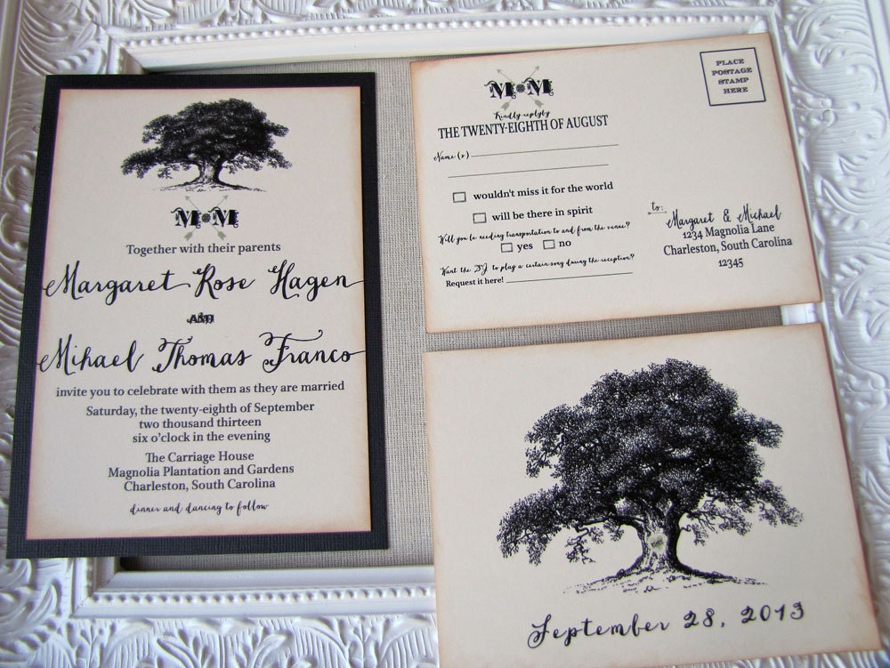 Vintage Wedding Invitation- Elegant Rustic Oak Tree and Monogram in Black and Cream