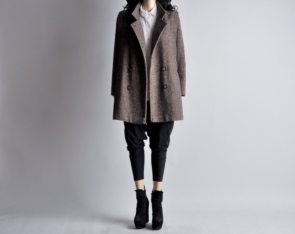 brown and plack tweed wool pea coat / s / m