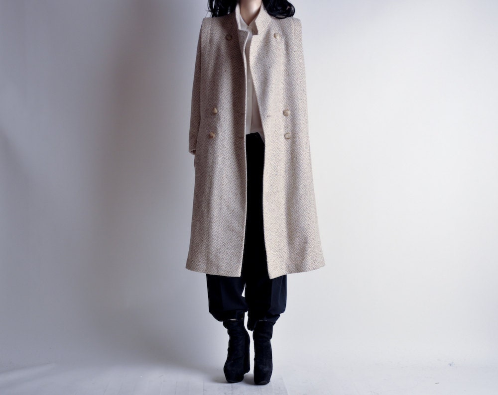 oatmeal knit tweed structured long wool coat / s / m