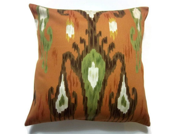 Two Tangerine Orange Brown Off White Olive Green Pillow Covers Decorative Ikat Design 18 x 18 Inch pair Toss Throw Accent Covers