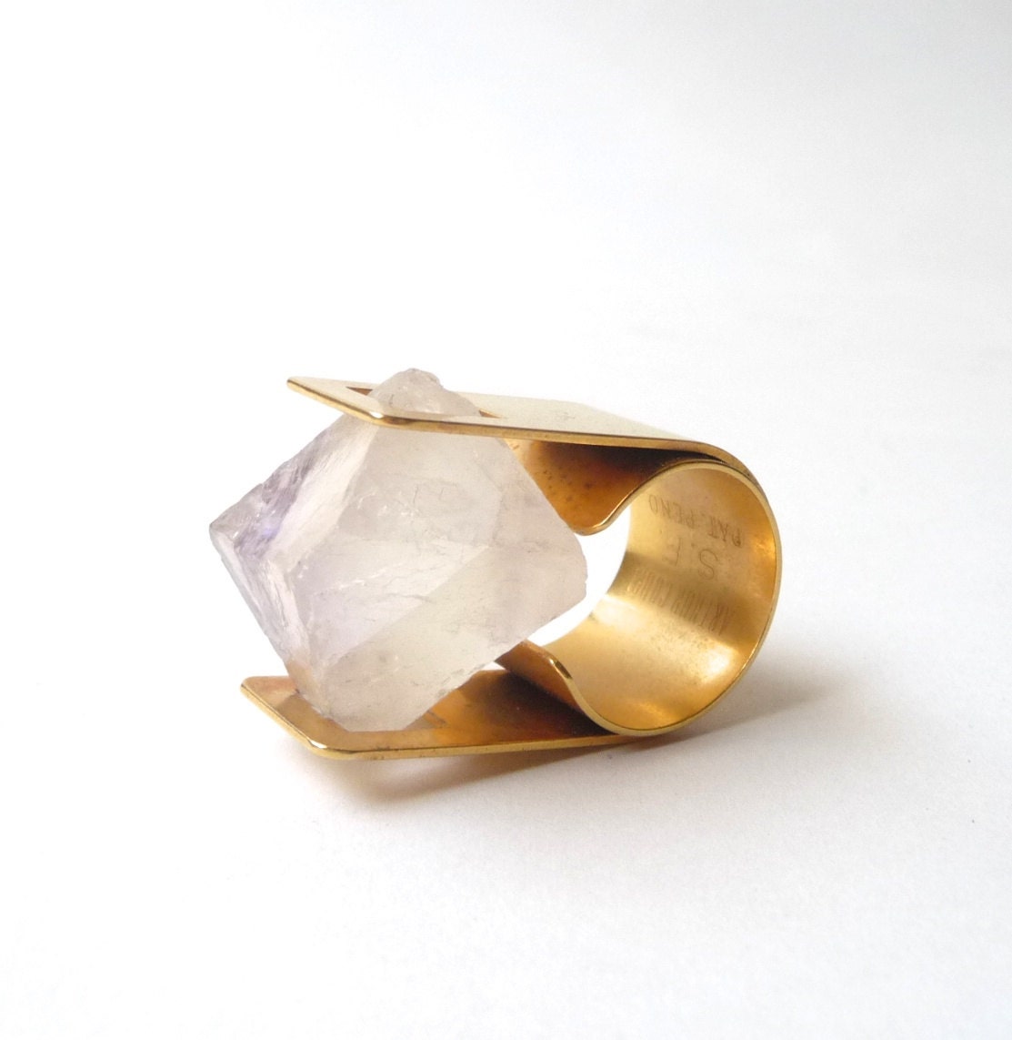 Modernist Arthur Court Brass and Raw Quartz Ring