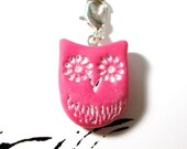 Pink Owl Charm Choice of:  Zipper Pull, Lanyard, or Pendant