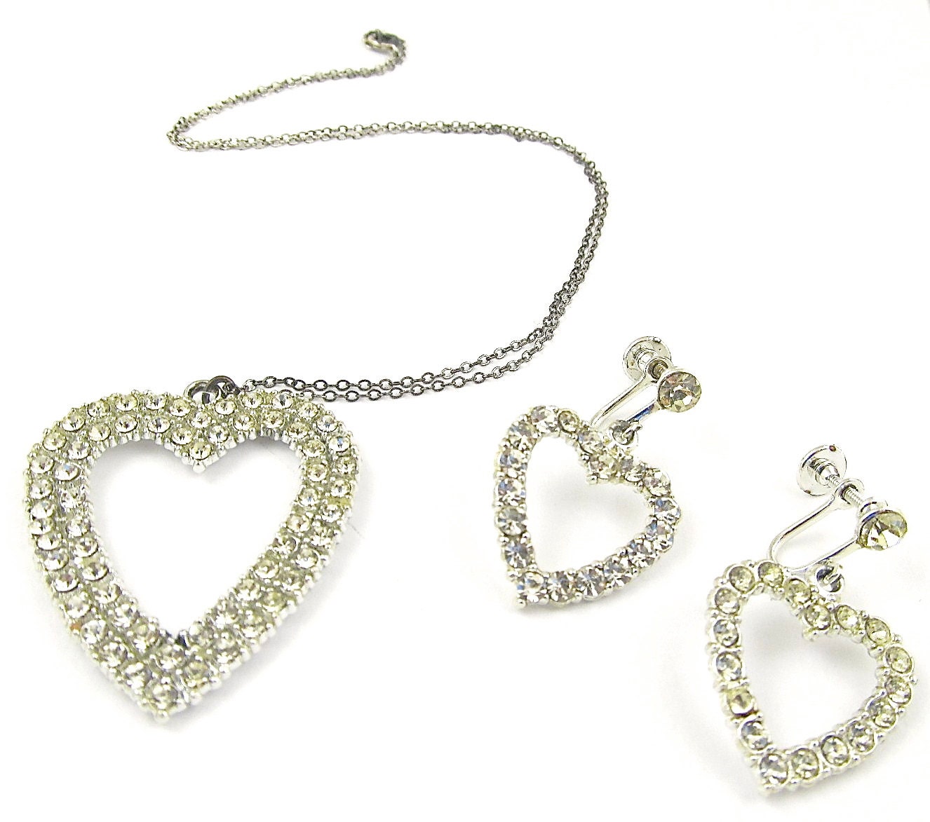 Vintage 50s Rhinestone Heart Pendant and Earrings with Sterling Chain