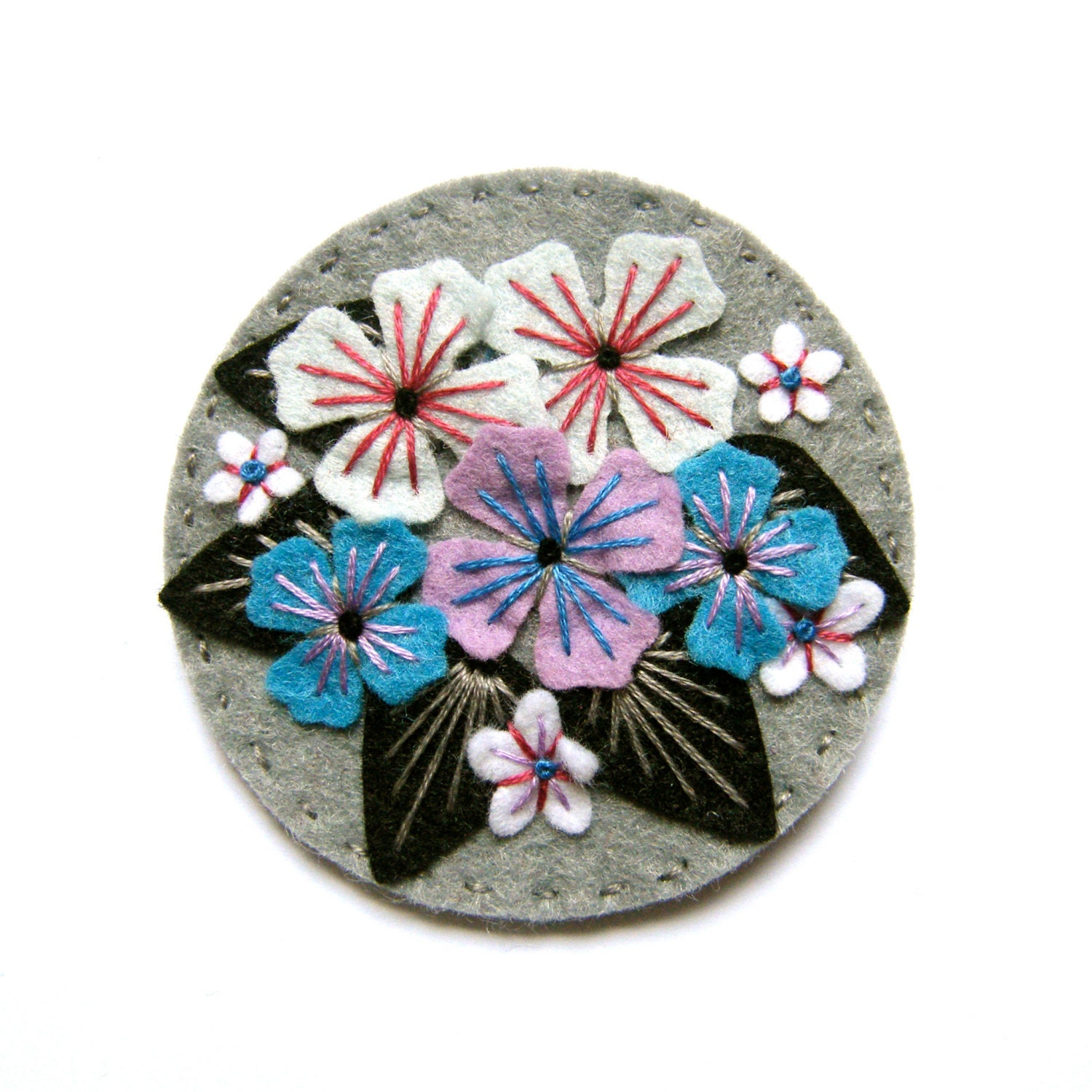 HYDRANGEA felt brooch pin with freeform embroidery - scandinavian style