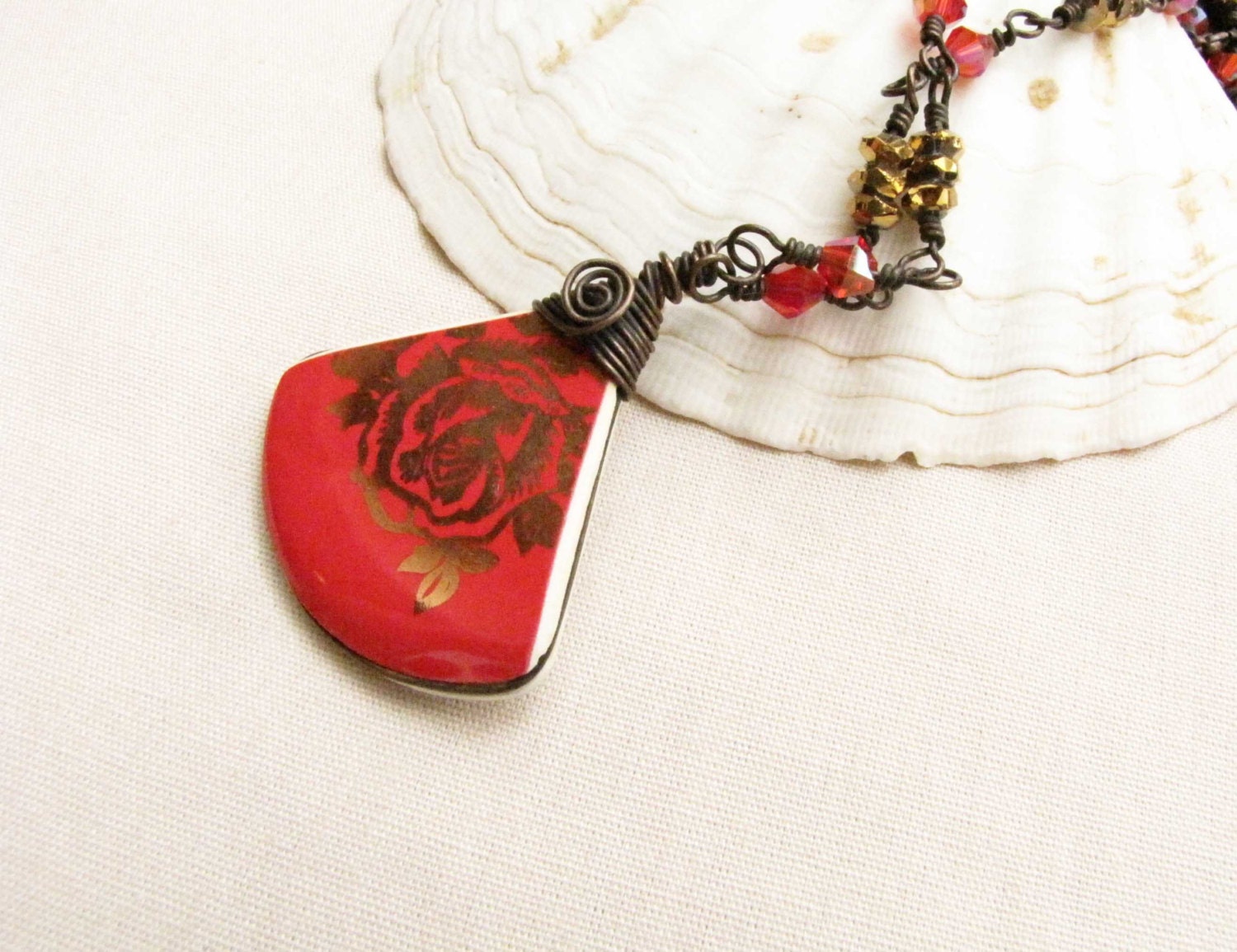 Ceramic Shard Necklace Wire Wrapped Red Oriental Vintage