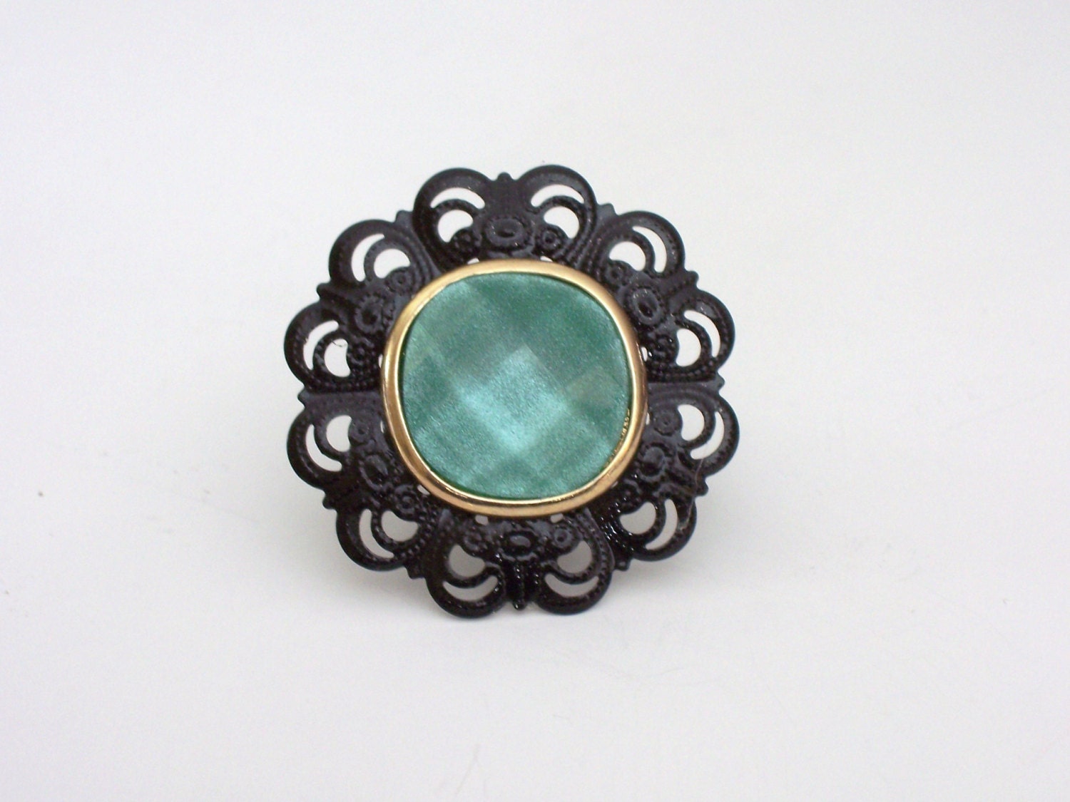 Green Black Filigree Glam Ring