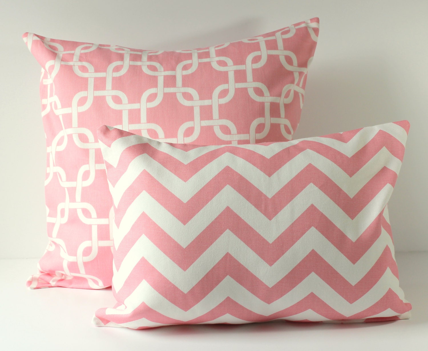 Baby Nursery Decor - Decorative Pillow Covers - Baby Pink & White Chevron and Gotcha Links - 2 Sizes - Set of 2