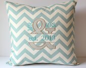 Mr & Mrs Appliqued Monogrammed Pillow Cover - Ampersand - Chevron - Natural Linen - Split Design - Personalized - Wedding Bridal - 18 x 18