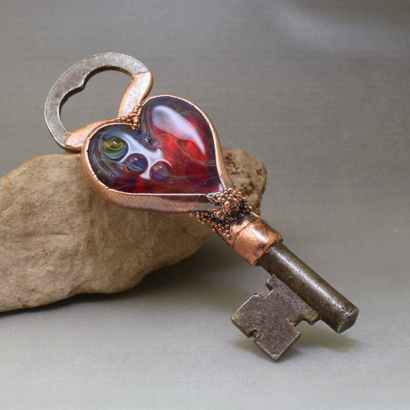 Copper Electroformed Pendant Recycled Vintage Skeleton Key Fucshia Glass Heart Cabochon