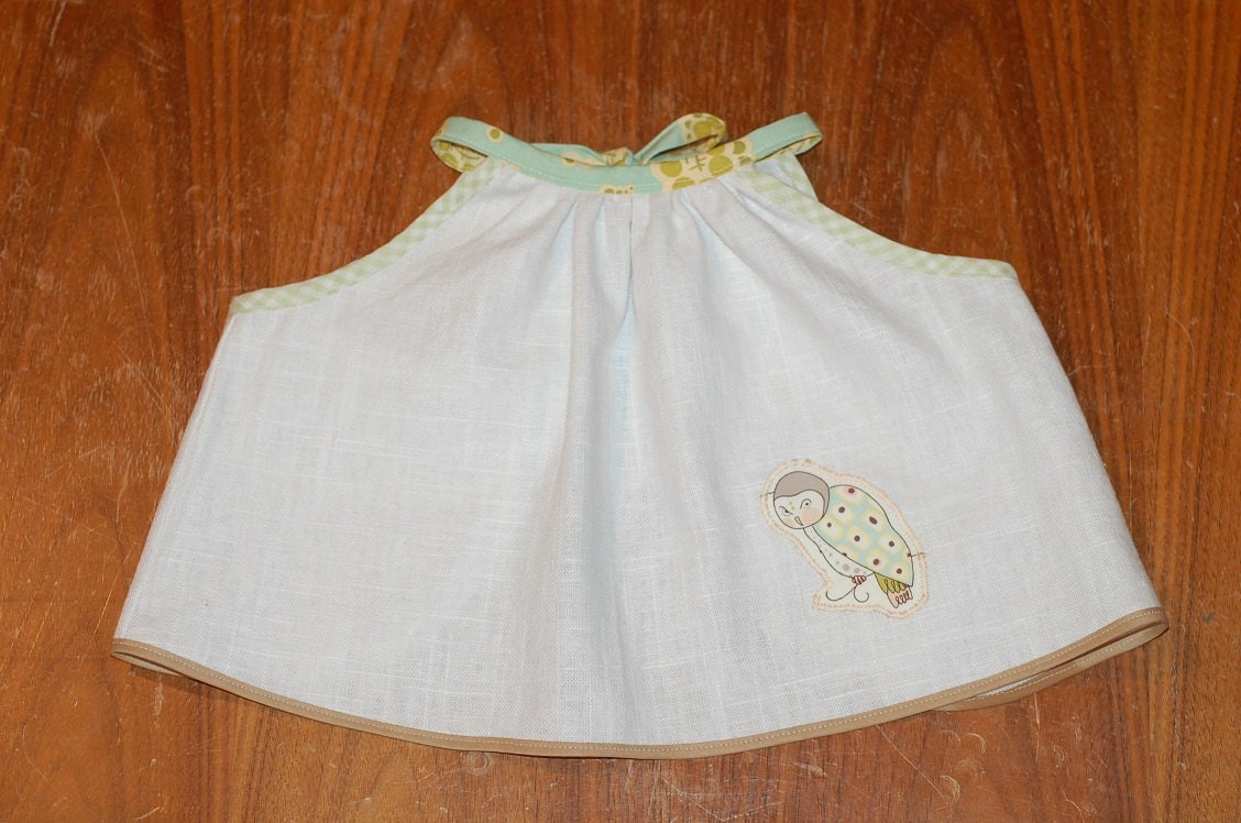 Owl Swing Top - handmade, tank , girl, baby, toddler, linen, aqua