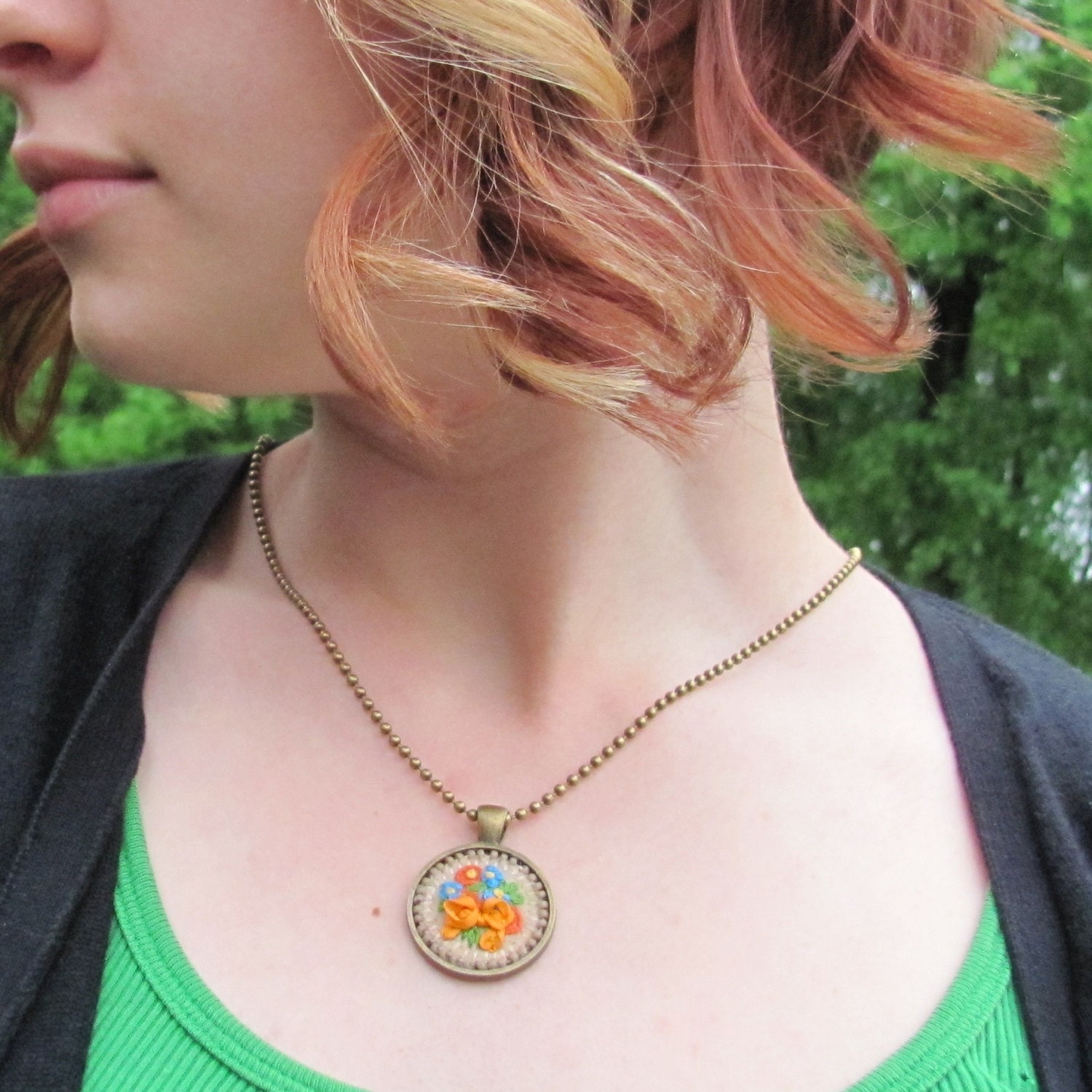 Hand Embroidered Floral Pendant Necklace