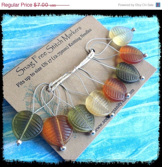 Spring Clearance Sale Snag Free Stitch Markers Large Set of 8 - Glass Leaves - N78 - Fits up to size US 17 (12.75) Knitting Needle